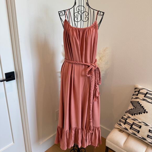 Storia Dresses & Skirts - Storia Mauve Boho Ruffle Hem Midi Dress With Braided Belt Medium